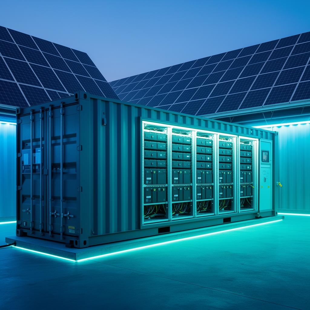 Battery Energy Storage System container with lithium-ion racks and solar integration