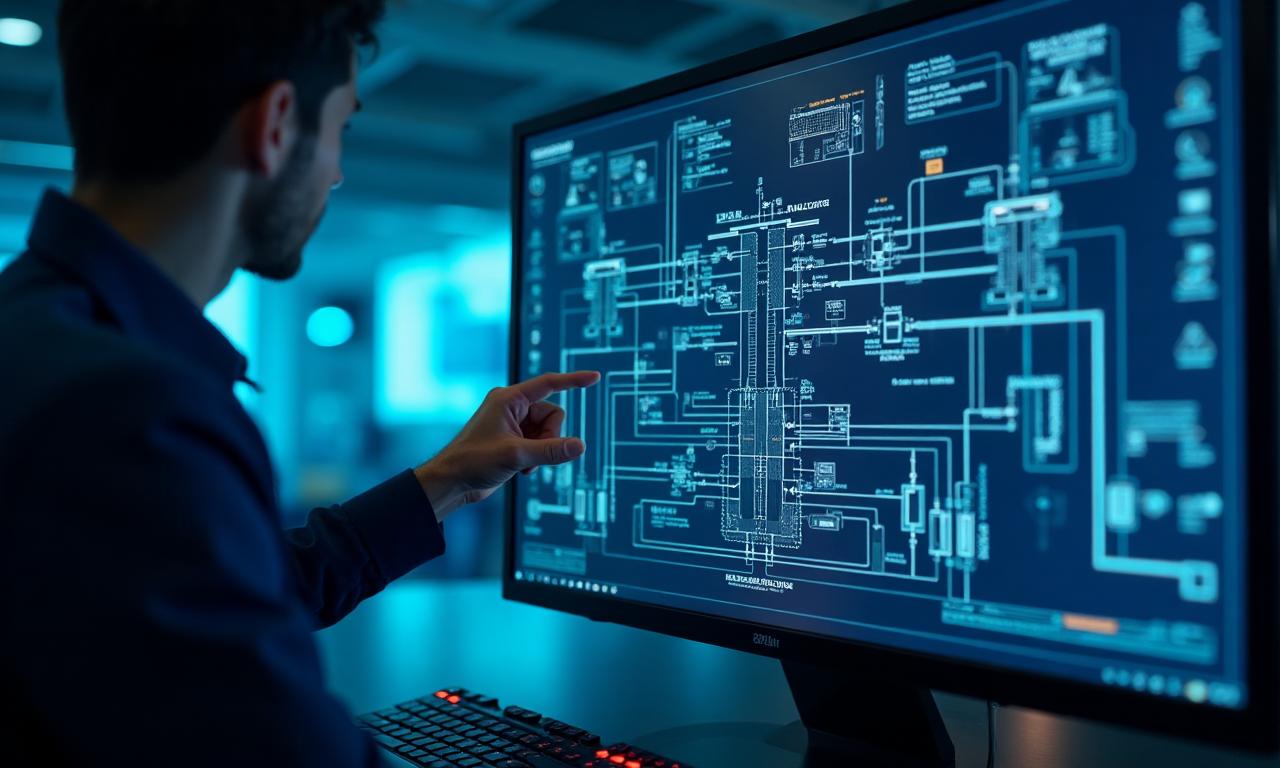 Engineer analyzing power system schematics