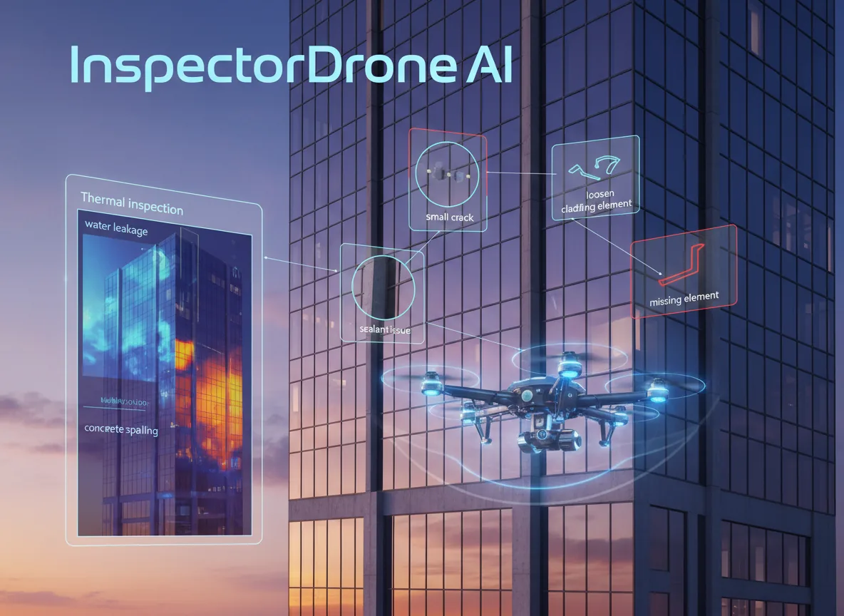 Professional drone performing building facade inspection